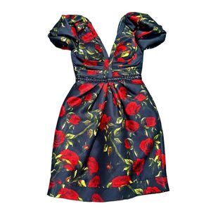 Mac Duggal Black and Red Rose Mini Dress